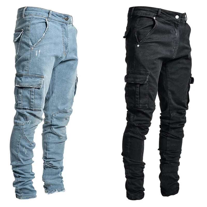 Jeans Men Pants Casual Cotton Denim Trousers Multi Pocket Cargo Jeans Men New Fashion Denim Pencil Pants Side Pockets Cargo black skinny jeans men