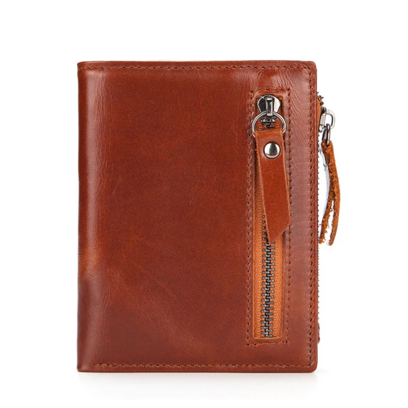 New High Quality Men Wallets Short Card Holder Genuine Leather Men Purse Double Zipper Coin Pocket Male Wallet 6