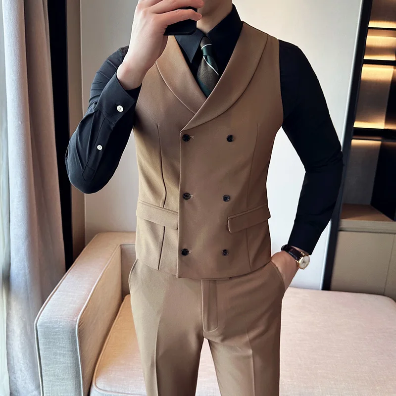 

Autumn Double Breasted Suit Vest Men's High Quality Slim Casual Business Formal Sleeveless Vest Wedding Groom Banquet Waistcoat