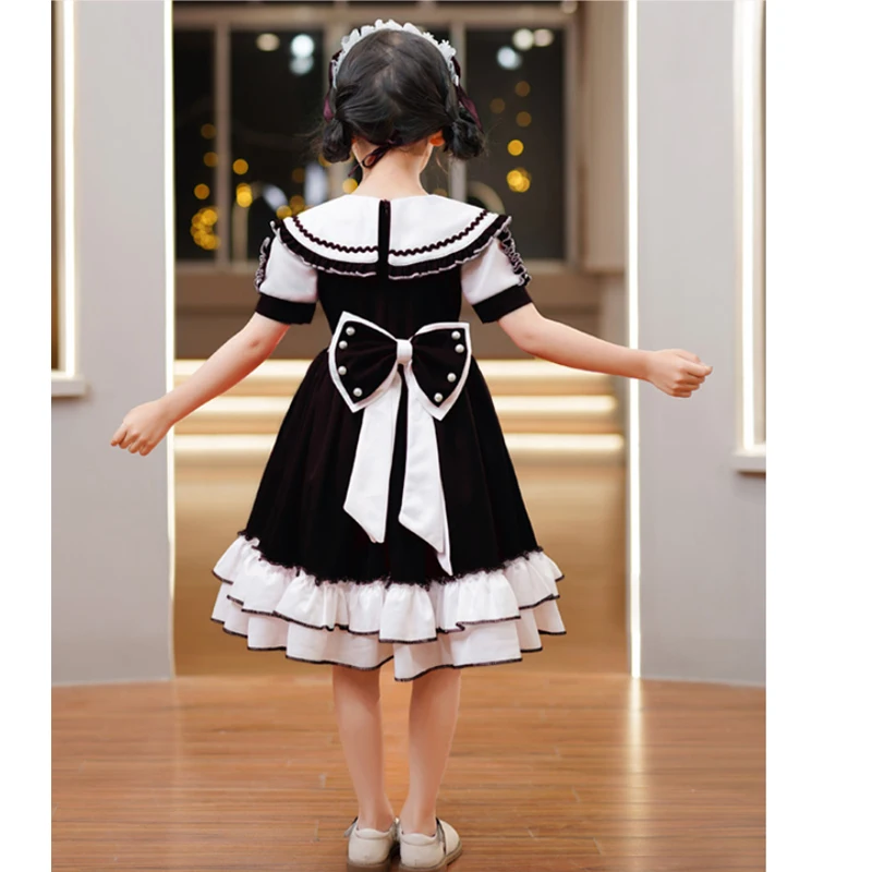 Classic Lolita Costume Cosplay Baby Girl Korean Style Dress With Bow Kawaii For Kids Short Sleeve Elegant Patchwork Hit Color