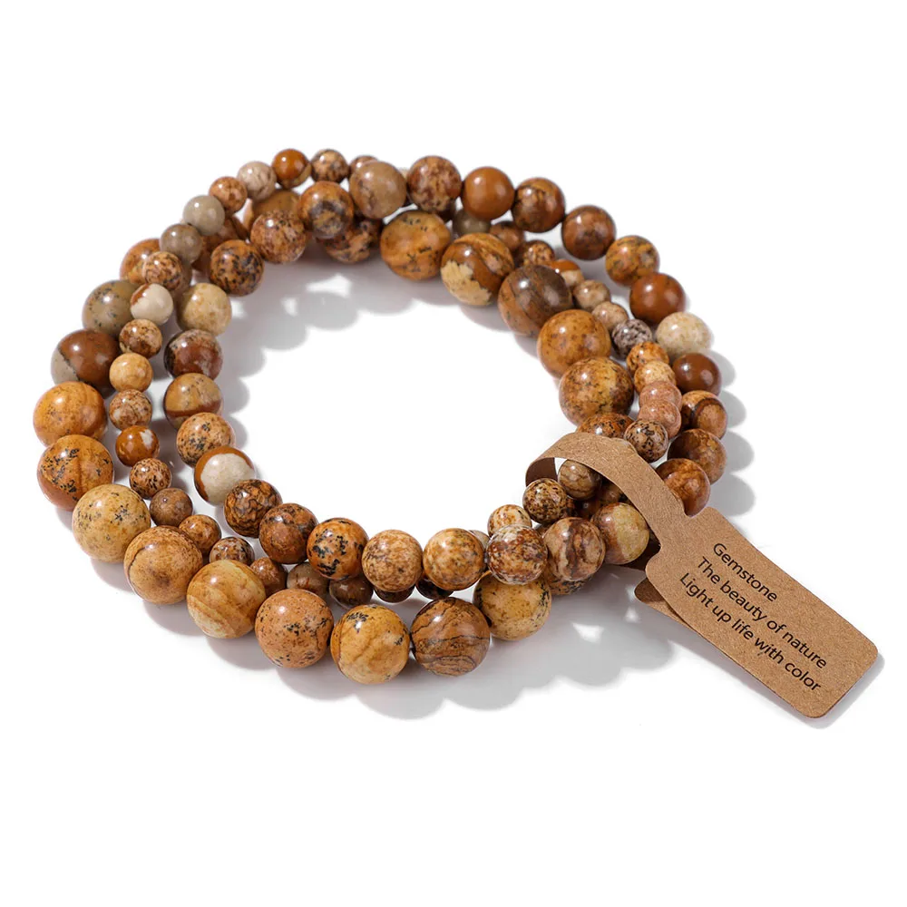 3 Stücke Naturstein 4 6 8mm Perlen Armband Set Für Frauen Männer Rhodonit Indische Achate Elastische Armreifen mit Segen Tag Schmuck – Detail 6