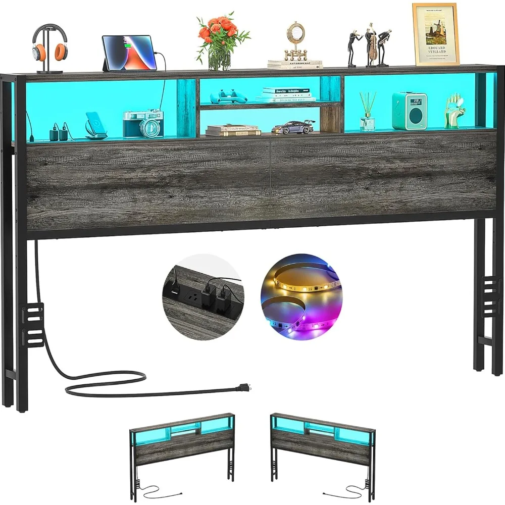 Headboard for King Size Bed with Storage, Headboards with Outlets, USB Ports and LED Light, King Size Head Board Only
