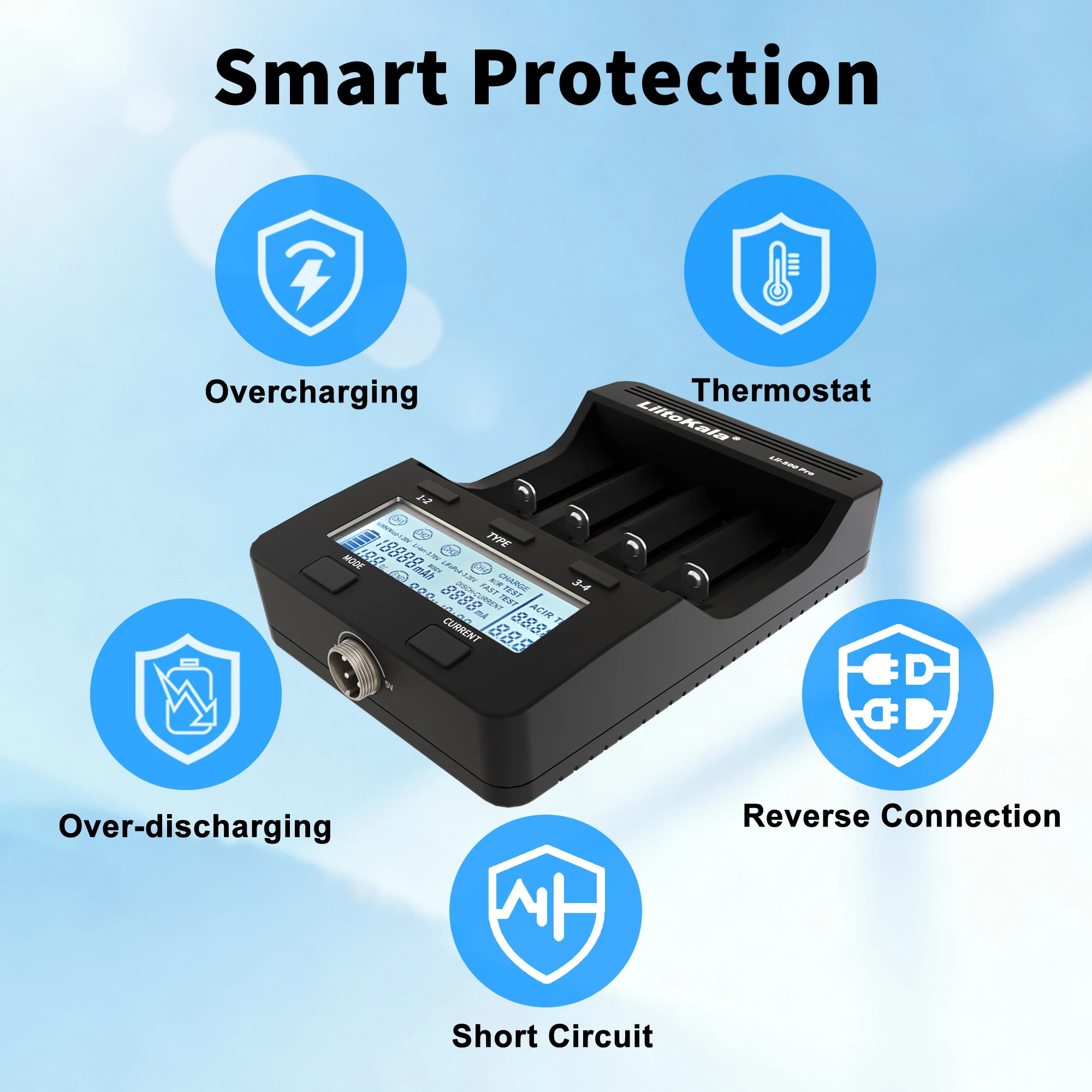 Caricabatterie, LiitoKala Lii-500 Pro, per batterie al litio 18650 26650 21700, Ni-MH Ni-CD, Display, Test di capacità, Spina EU - immagine 5