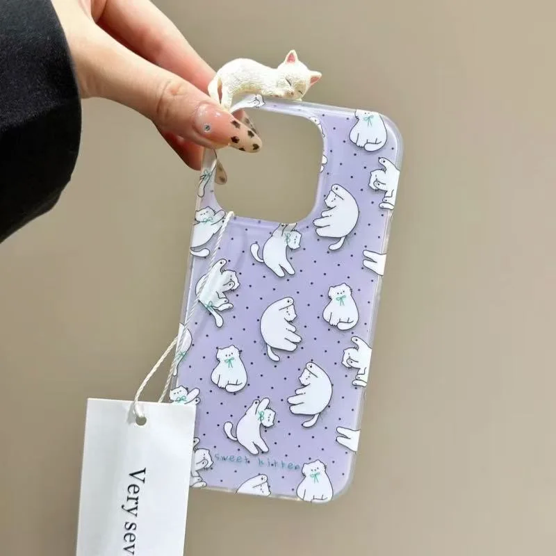 Charming 3D Lazy Cat Cartoon Toy Case - White Acrylic Phone Cover