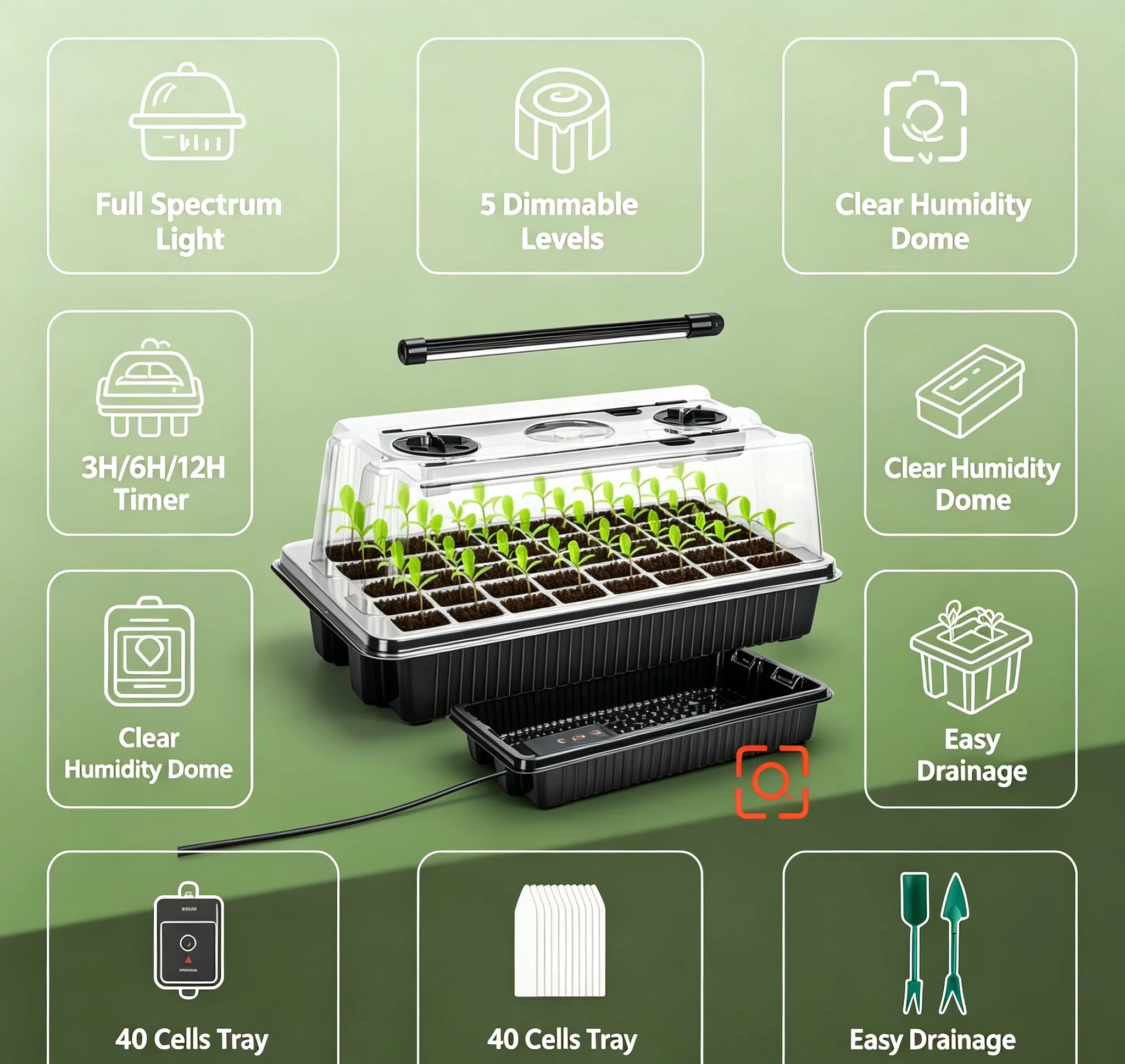 Enhanced Seed Starter Kit with Grow Lights and Humidity Dome - 40-Cell Tray