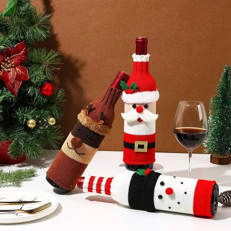 Christmas Wine Bottle Cover Set Santa Snowman Woven Wine Bottle Bags For Christmas Party Dinner Table Decorations New Year Gifts wine bottle cover burlap wine bags