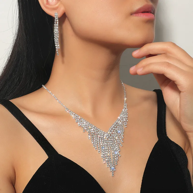 FYUAN Geometric Rhinestone Necklace Earrings For Women Long Tassel Jewelry Sets Ladies Weddings Banquet Accessory jewelry sets,jewelry set,women earrings,chain necklace