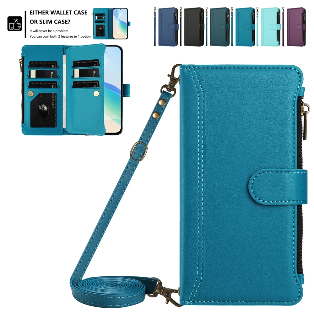 Leather Crossbody Card Wallet Phone Cover with Wrist Strap