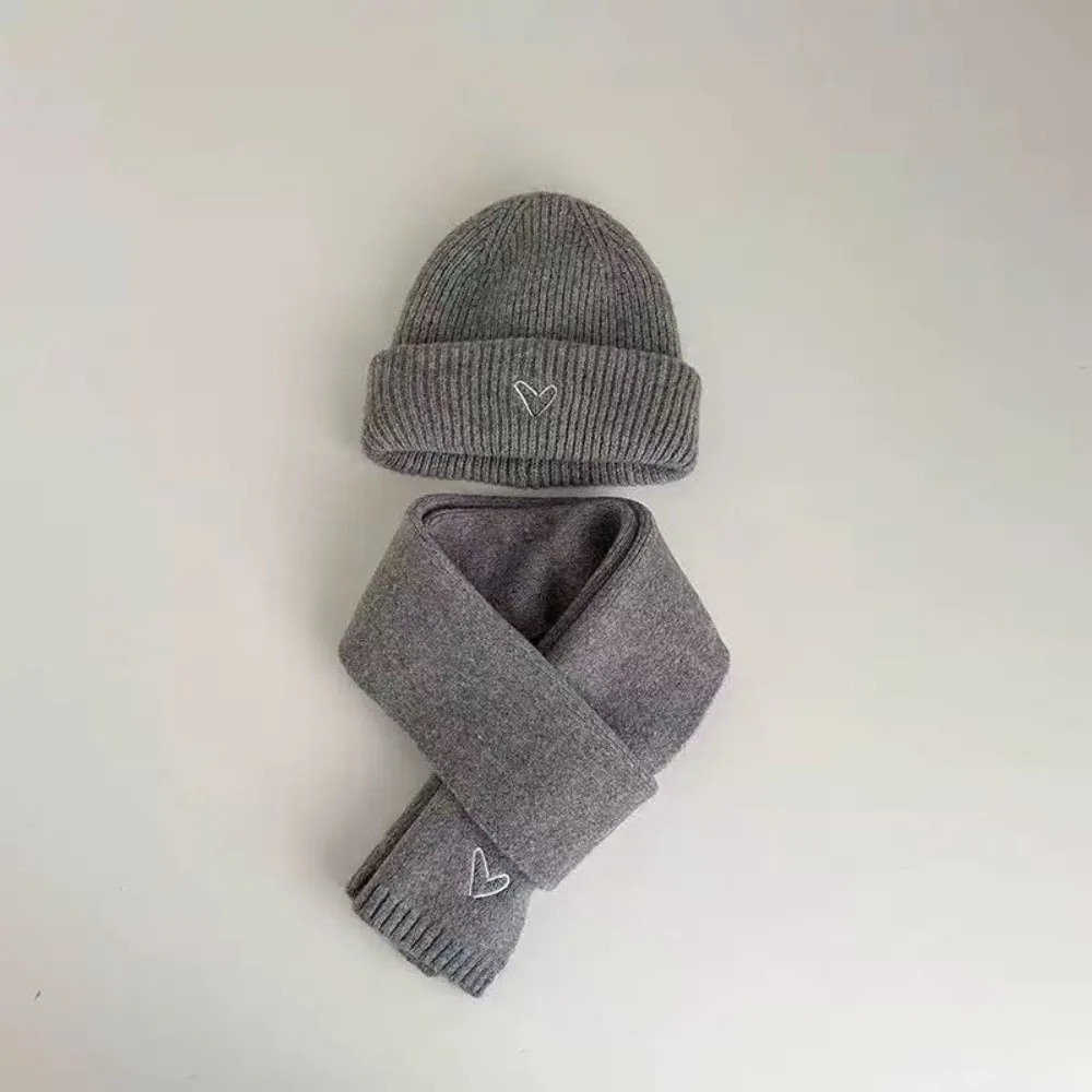 Love Heart Embroidery Knitted Hat Scarf Set Thickened Korean Style Winter Pullover Cap Anti-cold Solid Color Neck Warmer Set