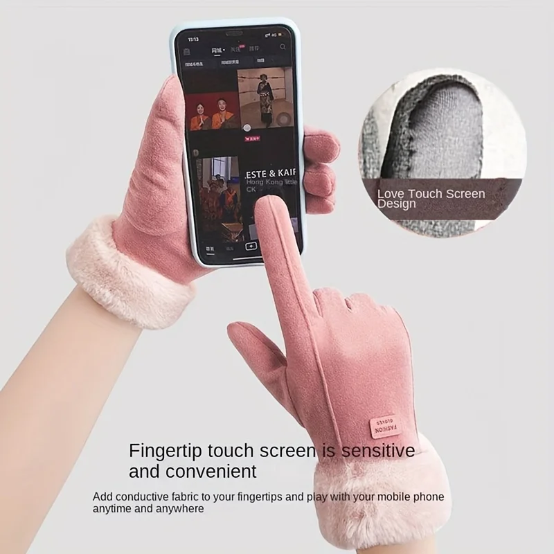 Women Touch Screen Gloves Fashion Mittens Autumn Winter Warm Thin Cashmere Solid Cycling Drive Suede Fabric Elegant Windproof - 2