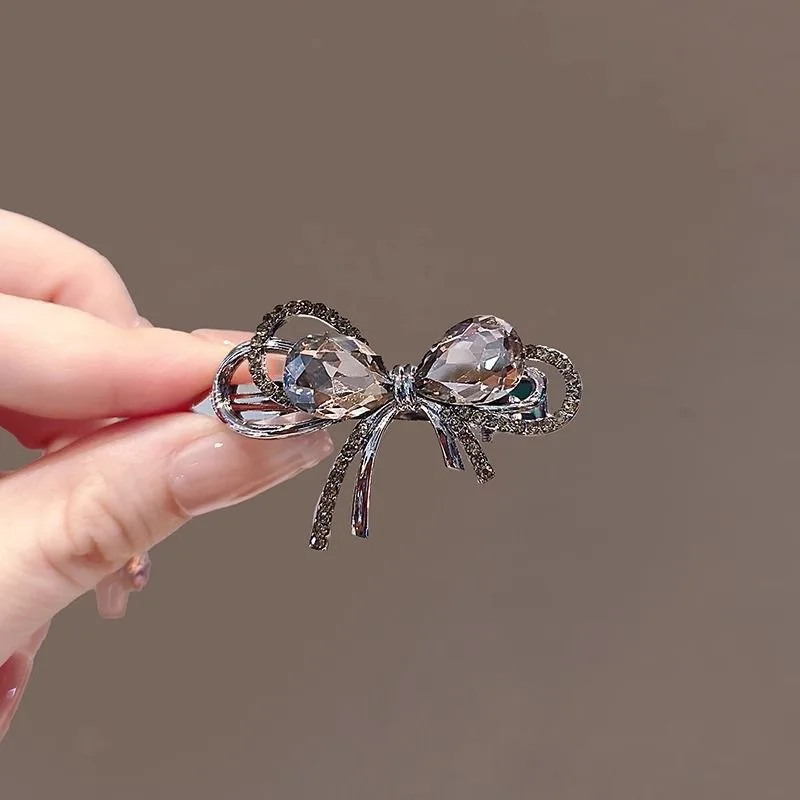 Hochwertige schwarze Kristall-Haarspange mit Schleife, niedliche Damen-Pony-Seitenklammer, Metall-Entenschnabel-Clip, koreanischer Stil, Haar-Accessoires – Detail 2