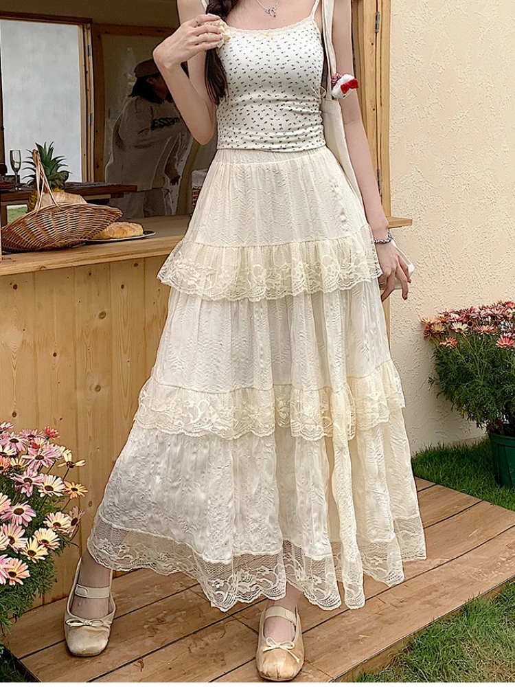 White Black Mid Long Skirt Women Chiffon Skirt 2024 Goth Vintage Summer High Waist High Low Ruched Lace Pleated Skirts rok