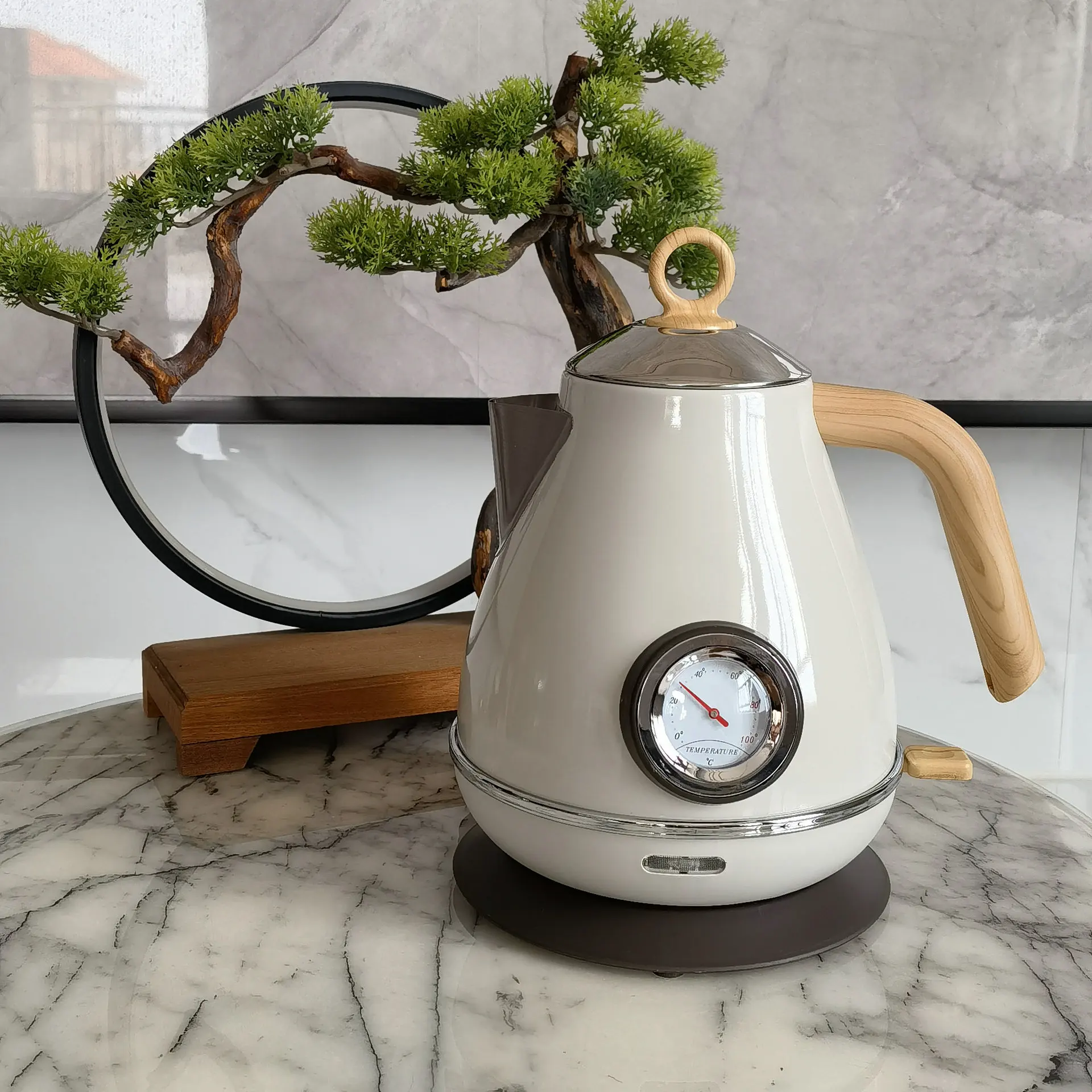 Automatic 1.7L Electric Kettle Water Boiler Vintage Painted Wood Grain 304 Stainless Steel Thermometer 2000w 220V 3