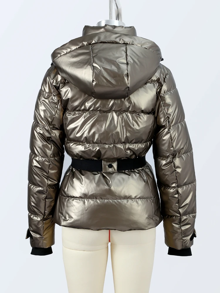Winter Hooded Down Jackets Women With Belt Warm Thick Long Sleeve Stand Collar Parkas Padded Coats 2025 Lady Sports Ski Outdoor