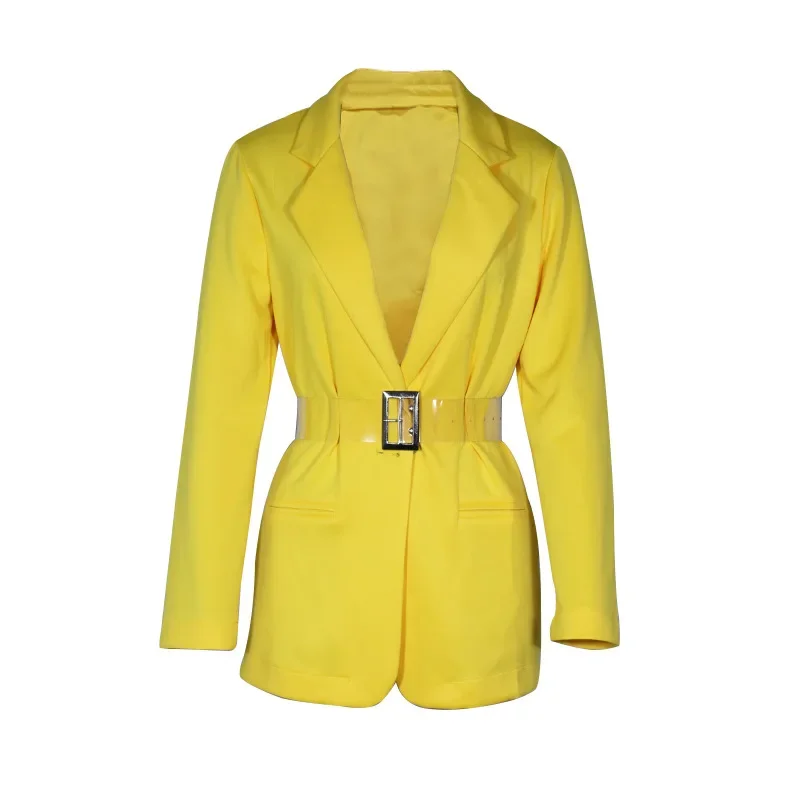 Big Sashes Solid Colors Yellow Buttonless Blazers with Long Sleeve Fashion Suits Women Spring Autumn Office Lady New Work Blazer