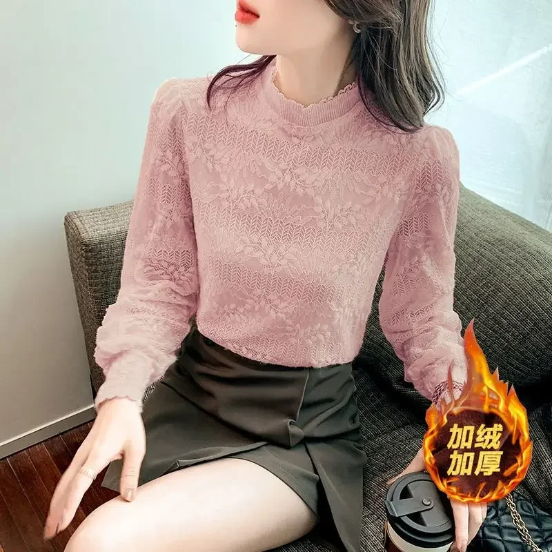 

Женская рубашка на весну и осень, элегантная кружевная блузка с воротником-стойкой, женские топы с длинным рукавом, новинка 2024, T349