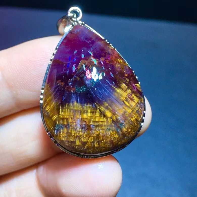 

Natural Purple Cacoxenite Auralite 23 Pendant Gold Rutilated Water Drop 29.5/22mm Beads Jewelry AAAAA
