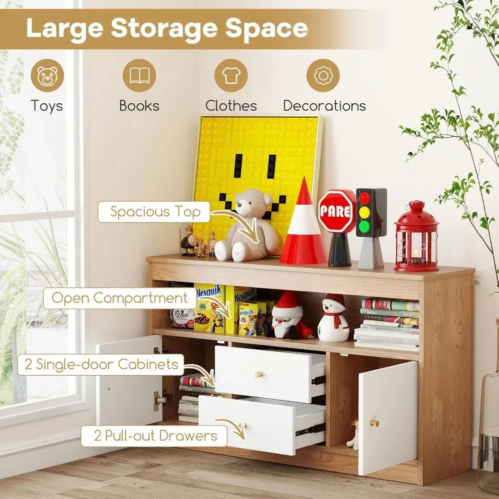 Toy Storage Organizer, Wooden Kids Bookshelf with 2 Drawers, 2 Cabinets & Open Shelf, Toy Organizers and Storage for Playroom 3