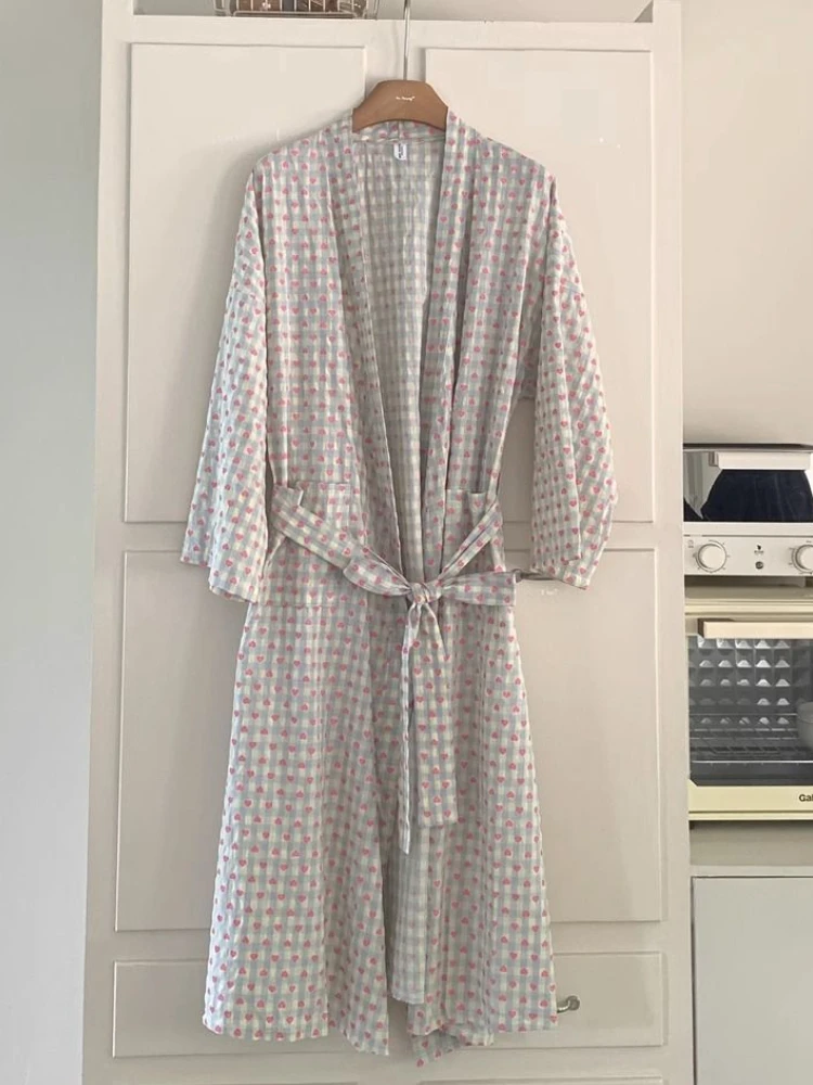 Sweet Heart Plaid Robes Women Autumn Long Bathrobes Japanese Sleepwear Belt Comfortable Loose Chic Female Simple Loungewear