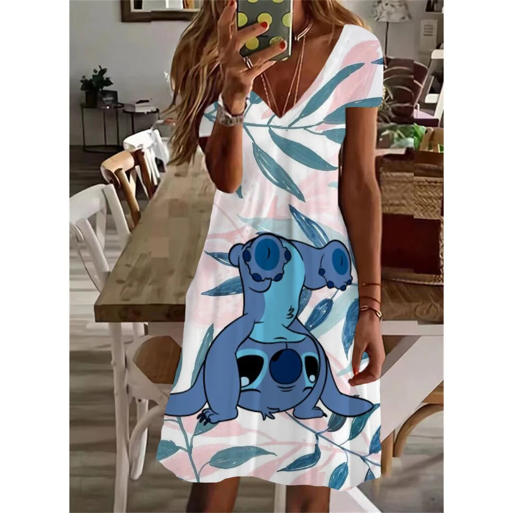 thumbnail image 1 of Vestido elegante informal con cuello en V y largo hasta la rodilla con estampado de Lilo y Stitch de Disney para mujer de verano Y2K 2024, 1 of 5