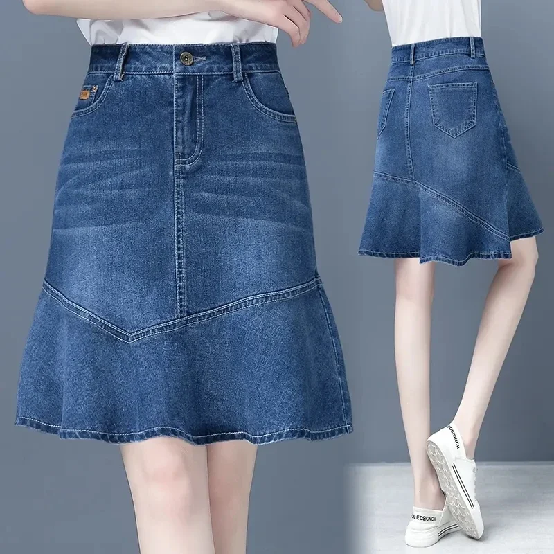 

Denim Skirt For Women Spring Summer High-waisted Ruffle A-line Jeans Skirt Ladies Package Hips Fishtail Mini Denim Skirts