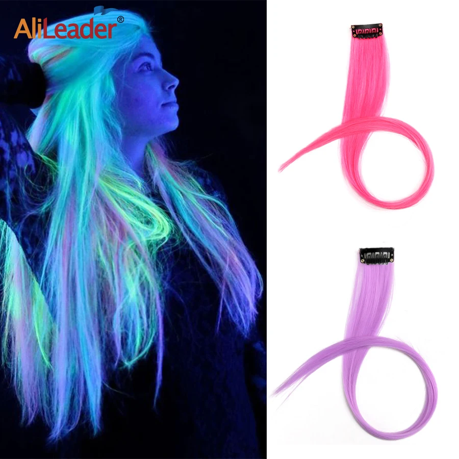 Alileader Luminous Hair Synthetic Clip In Hairpiece Fluoresce Hair Extensions 20Inch Glowing Hair Shine In The Darkness Straight