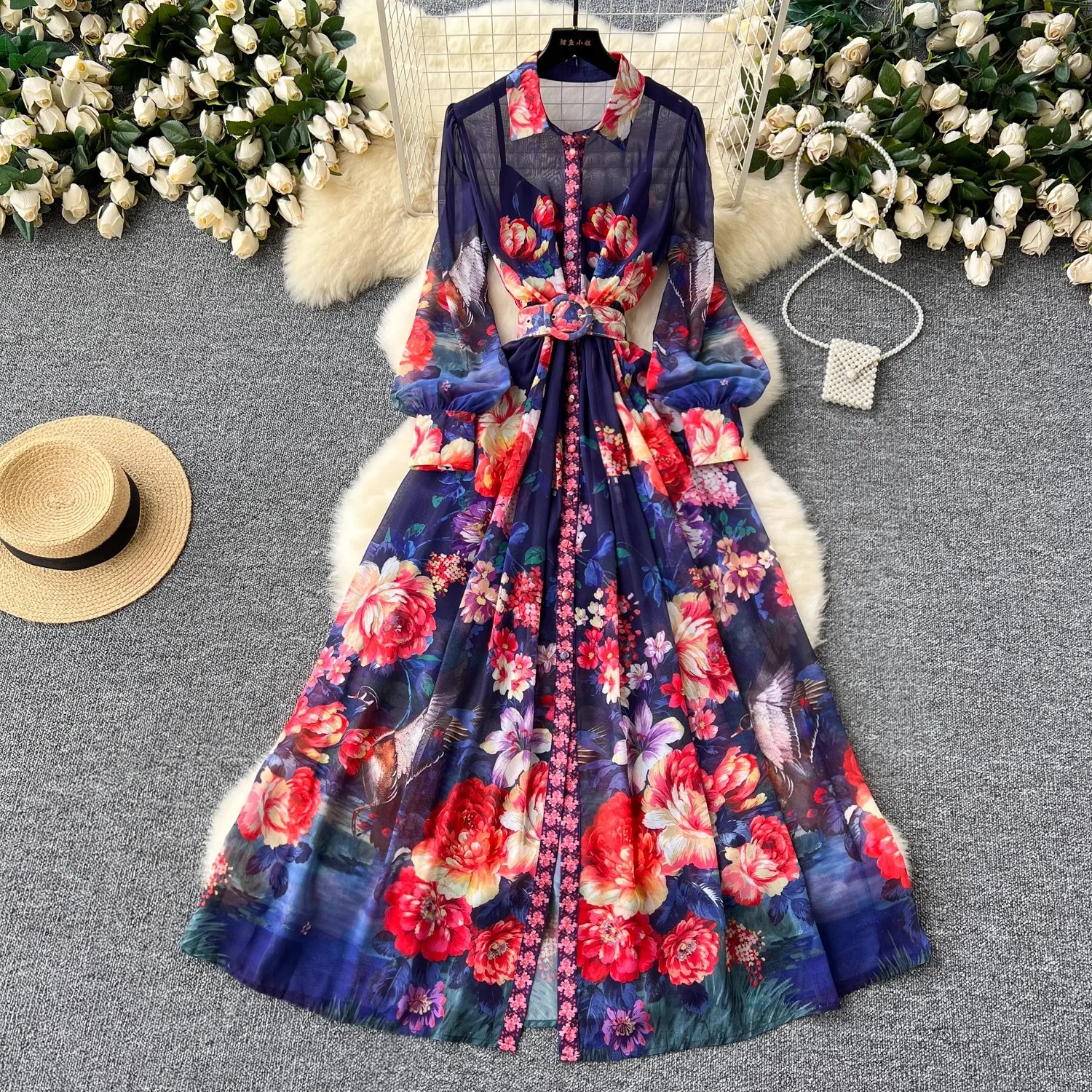 

2024 New Holiday Style Chiffon Women Summer Spring Flower Print Shirt Neck Long Sleeve Belt Single Breasted Boho Party Maxi Dres