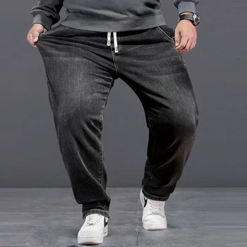 اضافية كبيرة الحجم الجينز الرجال مرونة عالية الخصر فضفاض الدنيم بانت الذكور زائد كبير فضفاض صالح كاوبوي بنطلون 8XL 6XL كلاسيكي أسود أزرق - Image 6