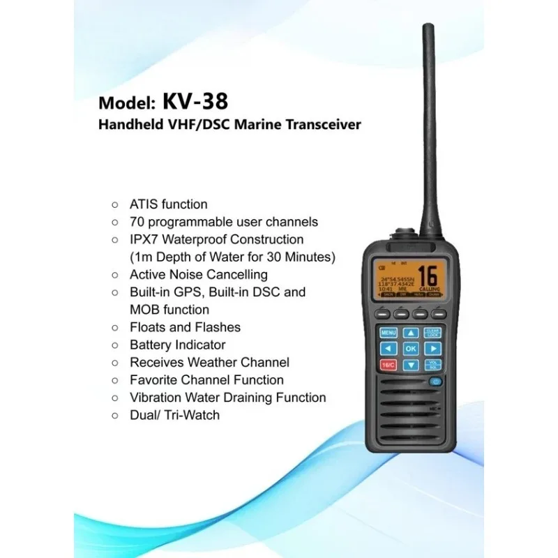 KV-38 휴대용 VHF/DSC 해상 무전기 (내장 GPS, DSC, MOB 기능 포함)