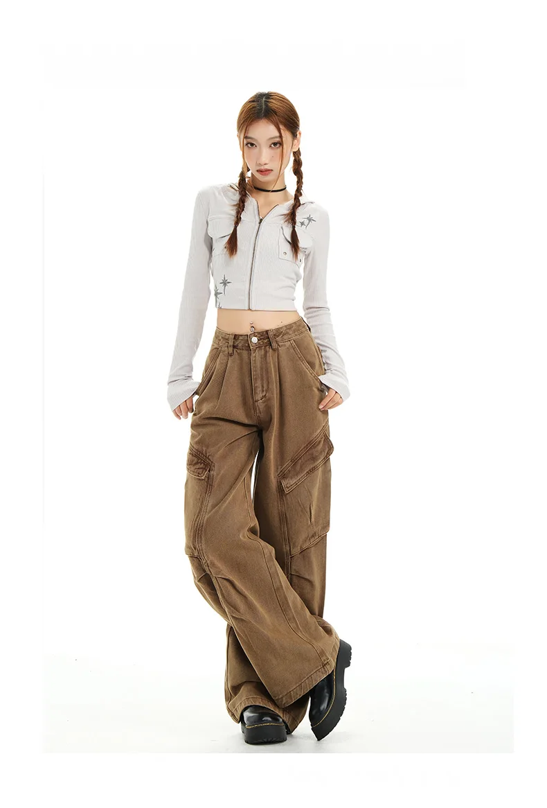 Retro Casual High Waisted Baggy Cargo Jeans Women Washed Distressed Wide Leg Pants Brown Denim Y2K Streetwear Vintage Trousers