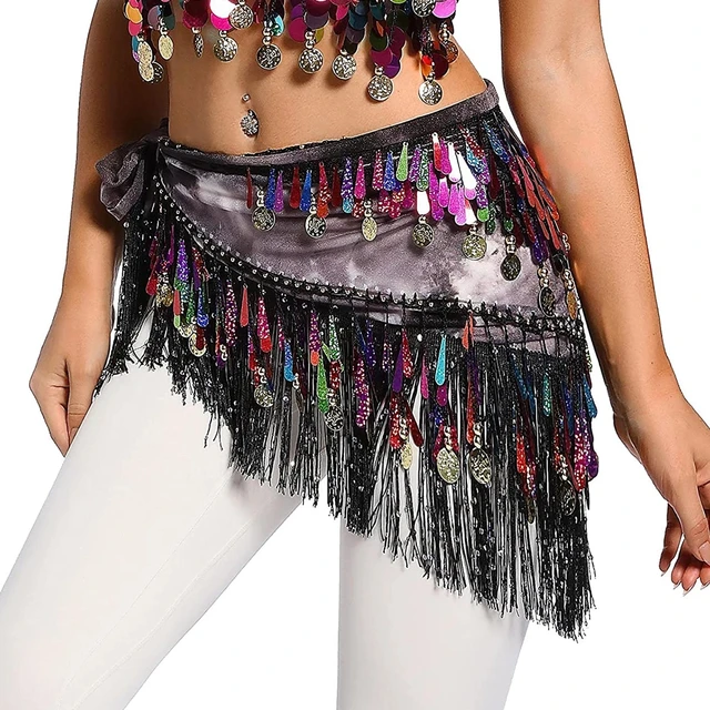 Women Belly Dance Clothing Accessories Teardrop Paillettes Fringe Wrap Elastic Base Tie-Dye Triangle Belts Coins Hip Scarf Black with sequins