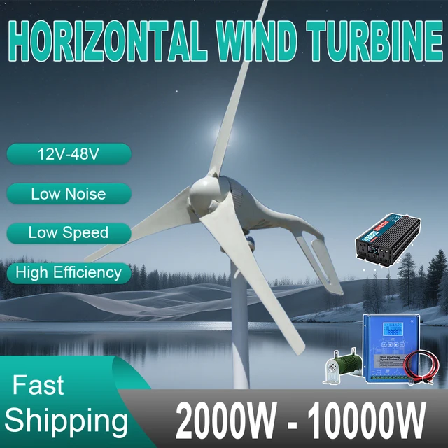 กังหันลมแนวนอนขนาดเล็ก 2000W 3KW 8KW เครื่องกำเนิดไฟฟ้ากระแสสลับ 12v 24v 48v พลังงานลมฟรี สำหรับใช้ในบ้าน พร้อมตัวควบคุมแบบไฮบริด 1