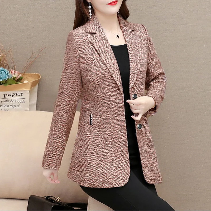 New Middle Aged Women Elegant Fashion Notched Neck Single Breasted Blazer Jacket Spring Autumn Casual Long Sleeve Slim Suit Coat