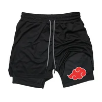 2025 Men's 2 in 1 Workout Fitness Running Anime Print Performance Shorts Athletic Compression with Towel Loop Pockets Gym 2