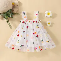 2024 New Baby Girl Clothes Multi Coloured Embroidered Floral Mesh Camisole Cute Baby Girl Dress Party Princess Fluffy Dresses 3