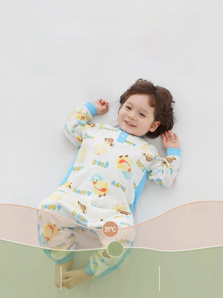  대나무 면 모슬린 롬퍼 봄 여름 에어컨 수트 아동 홈웨어 사계절 다리 트임 잠옷