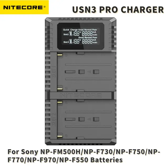 nitecore USN3 Pro Dual Slot USB QC Charger For Sony NP-FM500H NP-F550 NP-F970 NP-F770 NP-F730 NP-F750 F550 F970 Camera Battery