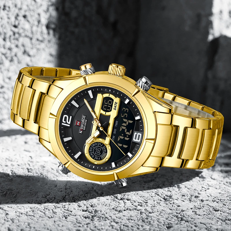 Orologio Uomo Naviforce Di Lusso Al Quarzo, Cassa Oro 47 Mm, Cinturino In Vera Pelle, Quadrante Grande Con Calendario, Impermeabile 3 ATM