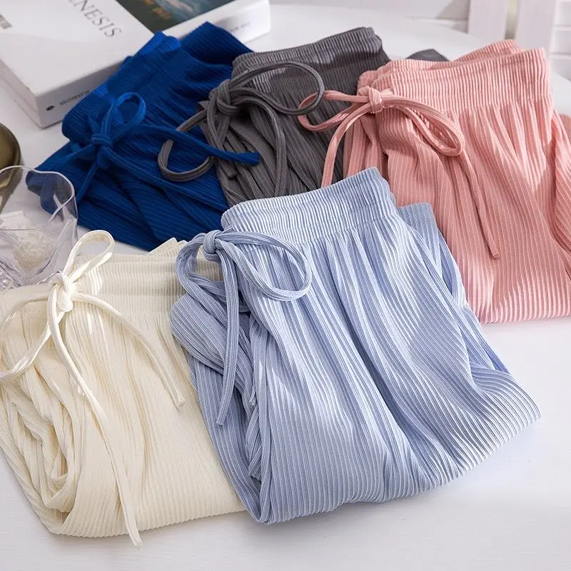 2023 New Ice Silk Wide-leg Pants Women Summer 2023 New High Waist Drape Loose Narrow Version Straight Casual Summer Thin Pants