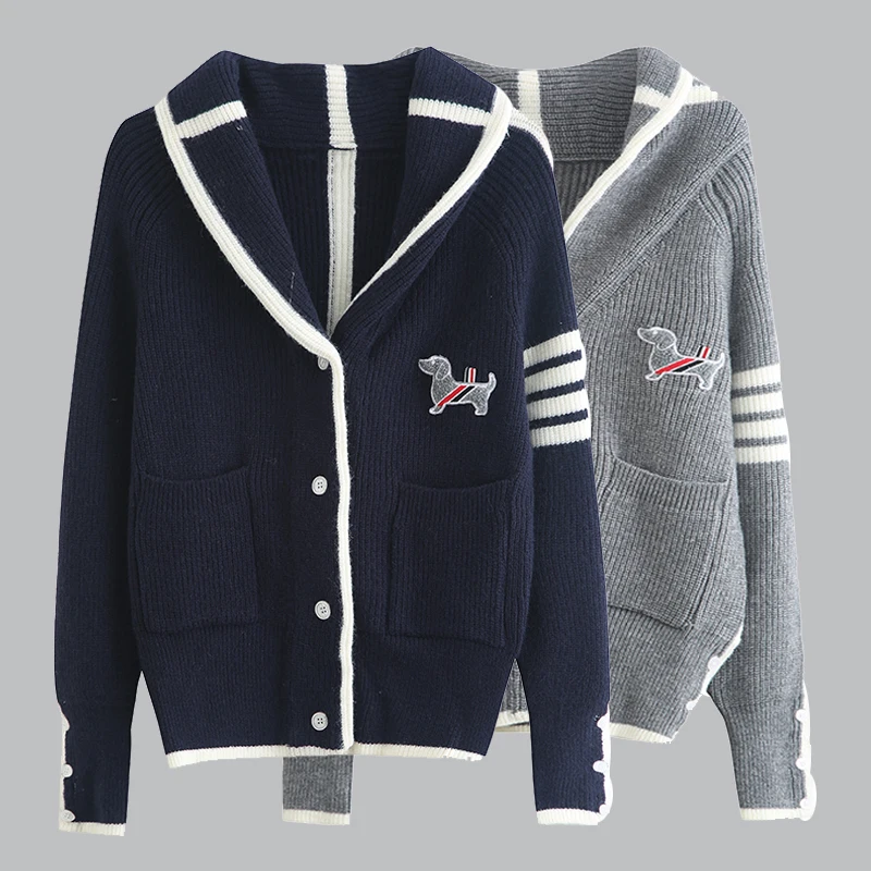 

Casual Athflow Korean Style Soft and Cozy Puppy Embroidery Thick Thread Sweater Coat Knitted Cardigan Outerwear for Winter