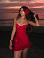 Sexy Sequined Ruffle Sling Dress Women Red Shiny Sleeveless Backless Short Dresses 2025 Spring Summer Lady Vacation Party Robe 2