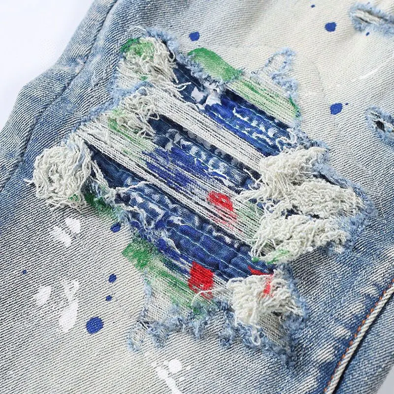 Street Fashion Men Jeans Retro Washed Blue Elastic Stretch Skinny Painted Ripped Jeans Men Patched Designer Hip Hop Brand Pants