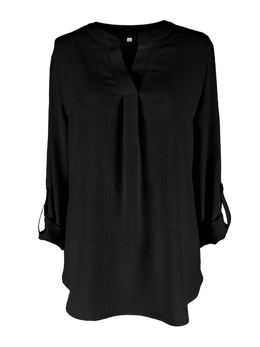 Chemisier élégant pour femme à col en V, manches longues retroussables, haut décontracté de couleur unie, chemise de travail ample pour le bureau, tunique féminine