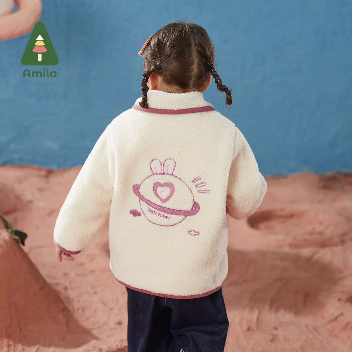 

Amila Baby Girls Jcket Winter Casual Fashion Cute Embroidered Lapel Warm Children's Lambswool Jackets with Pockets Tops