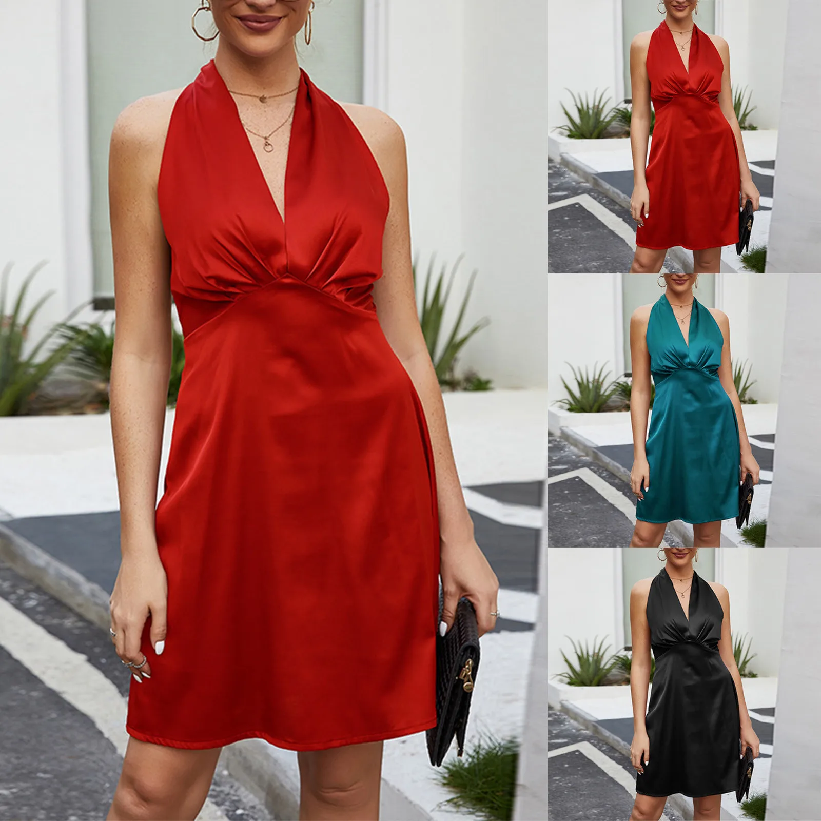 

Fashionable Women'S Elegant Gown Solid Color Neck Hanging Strap Open Back Sleeveless Sexy Dress Elegant Party Dresses Vestidos