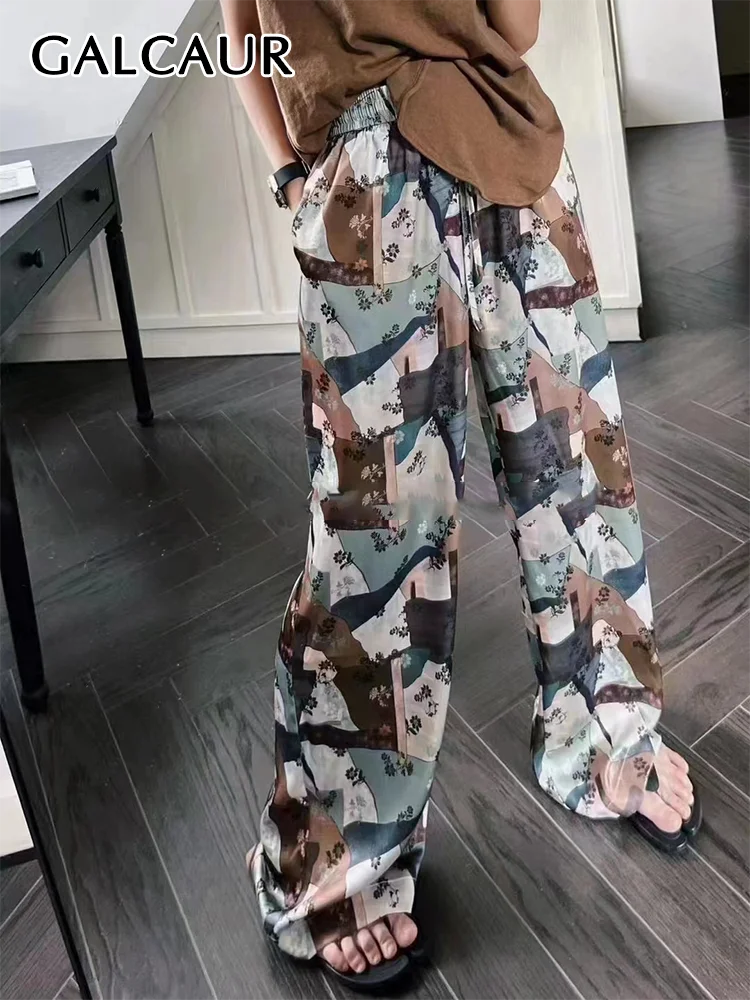 

GALCAUR Printing Loose Wide Leg Pants For Women High Waist Patchwork Pockets Hit Color Folds Straight Trousers Female Summer New