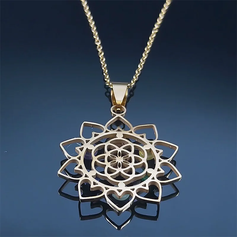 Sacred Geometry 7 Chakra Metatron Heart Necklace Flower of Life Stainless Steel Opal Stone Necklace Reiki Healing Jewelry N6341