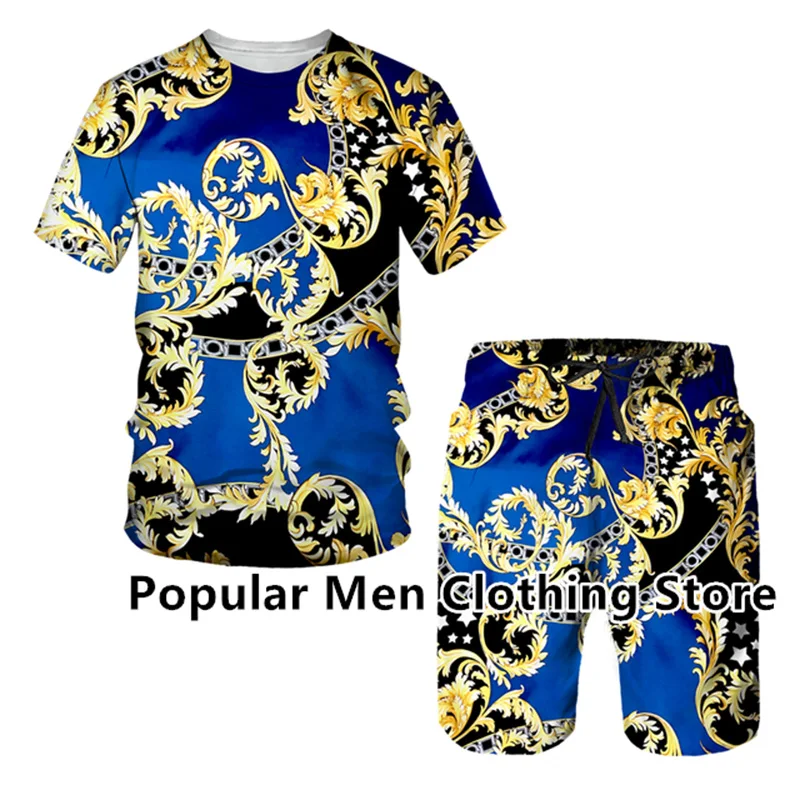Summer Men's Tracksuit Golden Lion Statue Pattern 3D Print Short Sleeve T Shirt Shorts Suit Baroque Style Hip Hop Streetwear Set