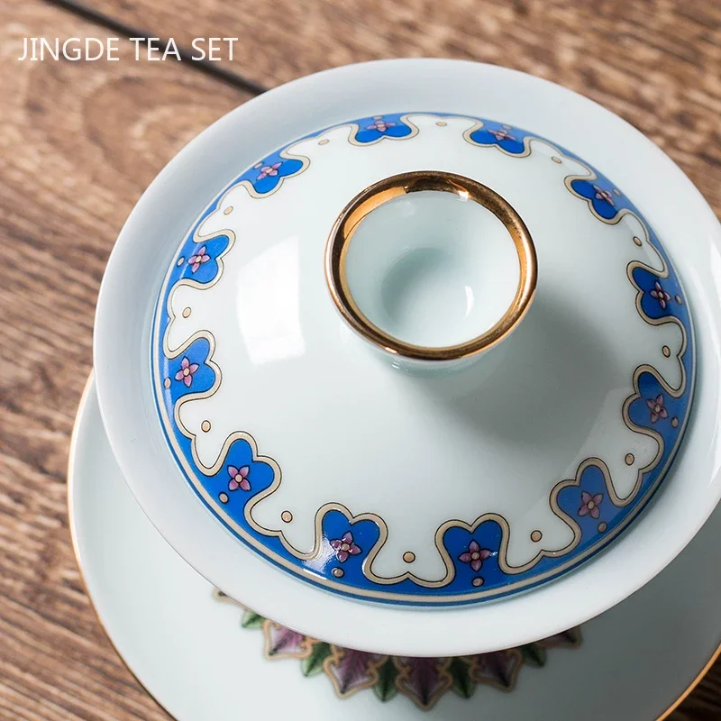 150ml Exquisite Enamel Ceramic Gaiwan Travel Tea Cup Set Handmade Tea Tureen Chinese Teaware Accessories Household Drinkware