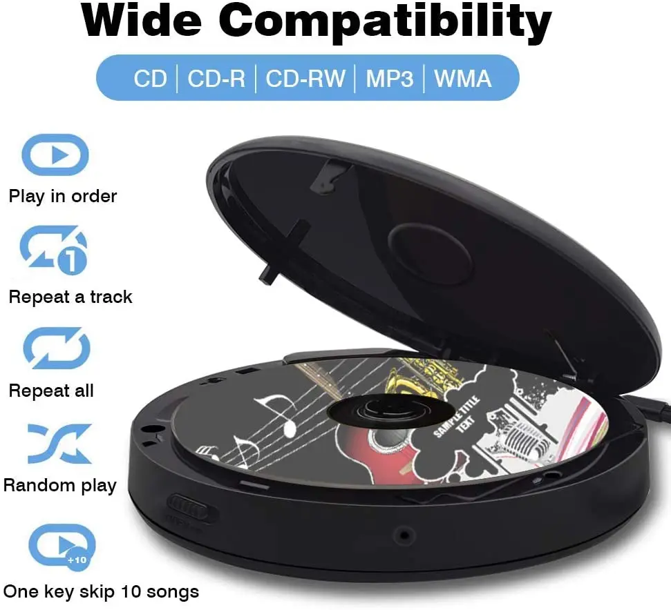 Portable Bluetooth CD Player Built-in Speaker Stereo Personal Walkman MP3 Players 2000mAh Rechargeable USB SAUX headphone jack